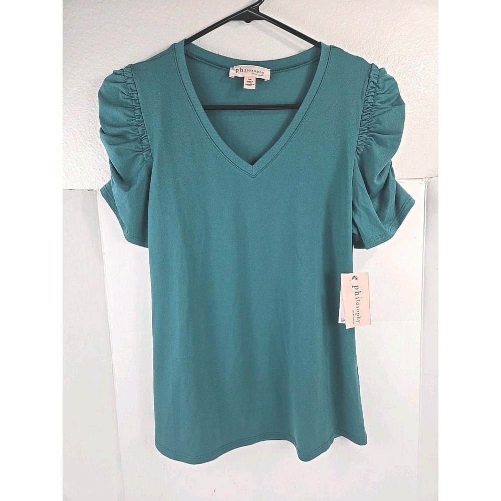 Anthropologie Philosophy Women's S Green V-Neck Top w Puff Sleeves NWT